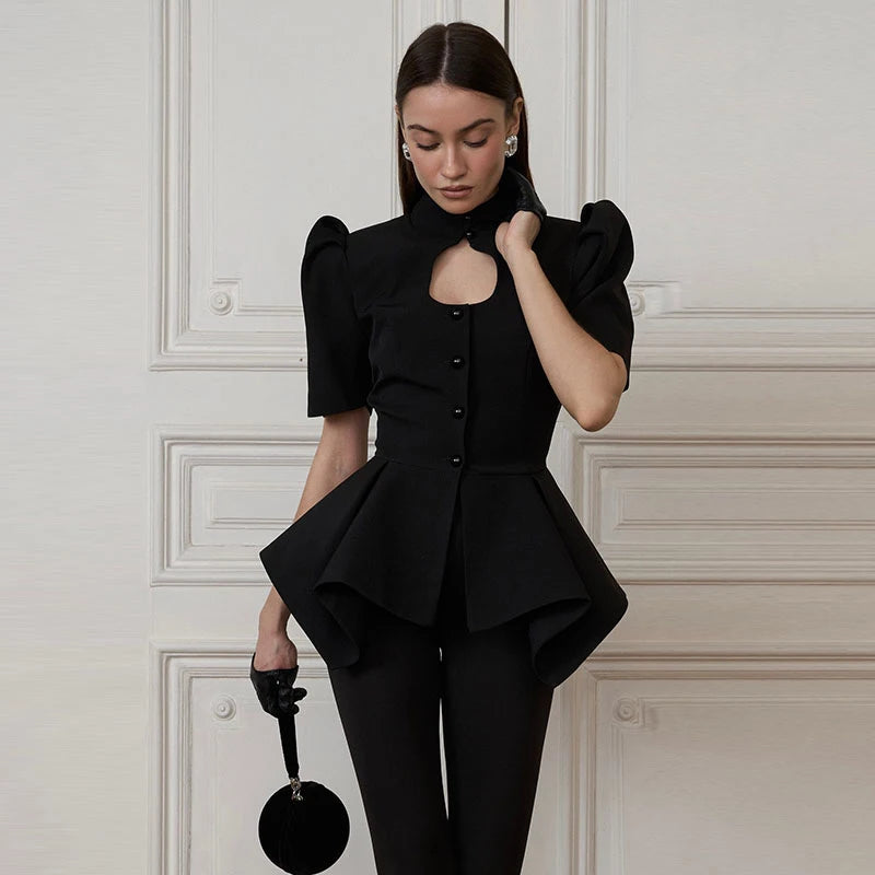 2026 Spring Chic Women Peplum Blazer Elegant High Neck Cutout Puff Sleeves Asymmetric Ruffled Hem Coat Lady Fashion Streetwear
