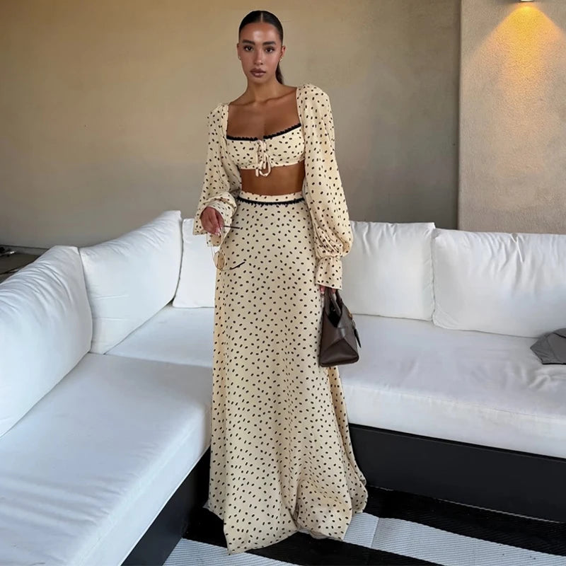 Women's Polka Dot 2-Piece Summer Outfit – Square Neck Lantern Sleeve Crop Top & High-Waist A-Line Maxi Skirt Set