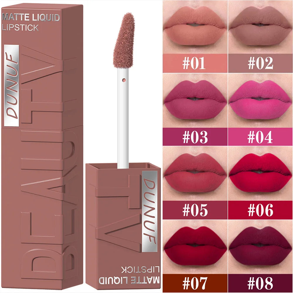 DUNUF Matte Velvet Lip Gloss – Waterproof Plumping Lipstick, 8 Shades