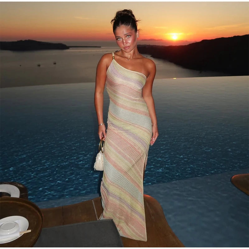 Women Rainbow Diagonal Stripe Maxi Dress One Shoulder Strap Slim Bodycon High Slit Knit Vestido Summer Beach Vacation Outfit