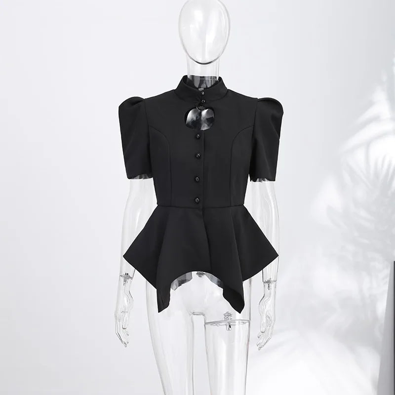 2026 Spring Chic Women Peplum Blazer Elegant High Neck Cutout Puff Sleeves Asymmetric Ruffled Hem Coat Lady Fashion Streetwear