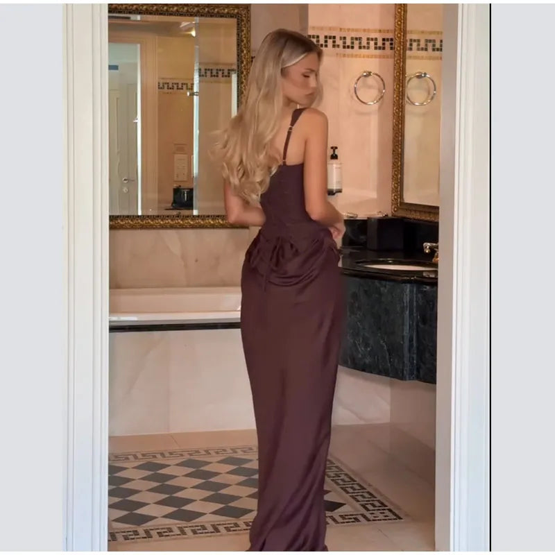 Elegant Solid Corset Sling Pleated Dress Women Brown Sexy Sleeveless Off Shoulder High Waist Maxi Dresses 2025 Lady Party Gown