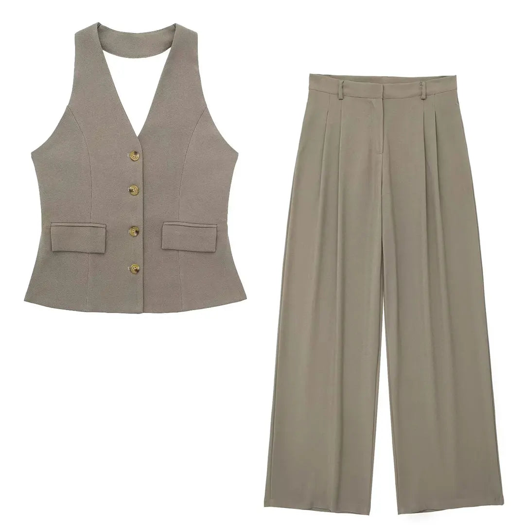 HH Women Fashion Solid Pant Suit Halter Single Breasted Sleeveless Blazer Vest Top Zipper Fly Trousers Office Lady Sets
