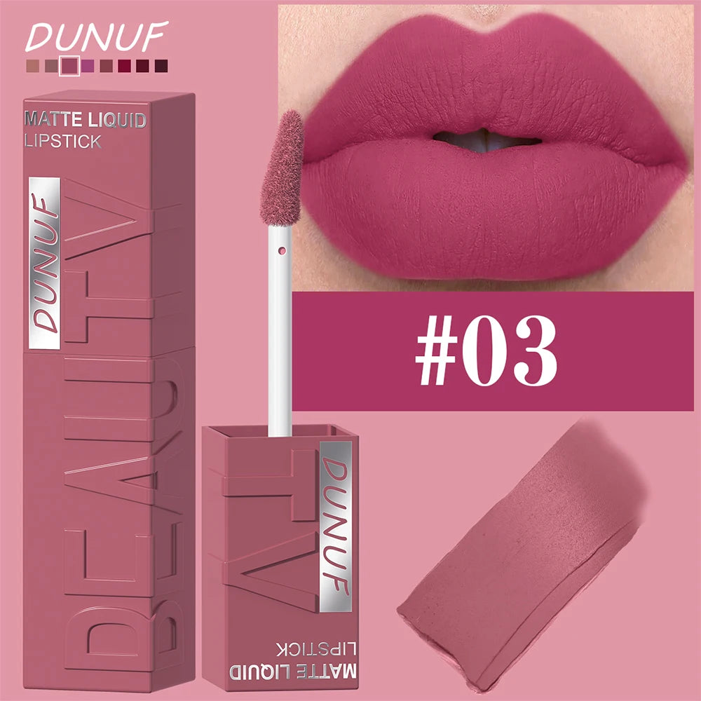DUNUF Matte Velvet Lip Gloss – Waterproof Plumping Lipstick, 8 Shades