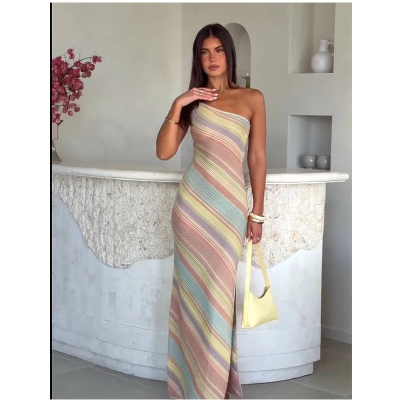 Women Rainbow Diagonal Stripe Maxi Dress One Shoulder Strap Slim Bodycon High Slit Knit Vestido Summer Beach Vacation Outfit