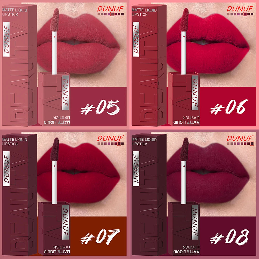DUNUF Matte Velvet Lip Gloss – Waterproof Plumping Lipstick, 8 Shades