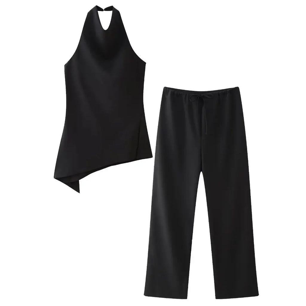 HH Women Vintage Solid Pant Sets Sexy Backless Halter Camis Top Asymmetric Tank Top + Drawstring Trousers Fashion Streetwear