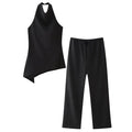 HH Women Vintage Solid Pant Sets Sexy Backless Halter Camis Top Asymmetric Tank Top + Drawstring Trousers Fashion Streetwear