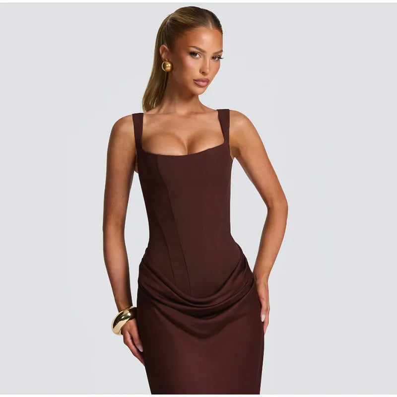 Elegant Solid Corset Sling Pleated Dress Women Brown Sexy Sleeveless Off Shoulder High Waist Maxi Dresses 2025 Lady Party Gown
