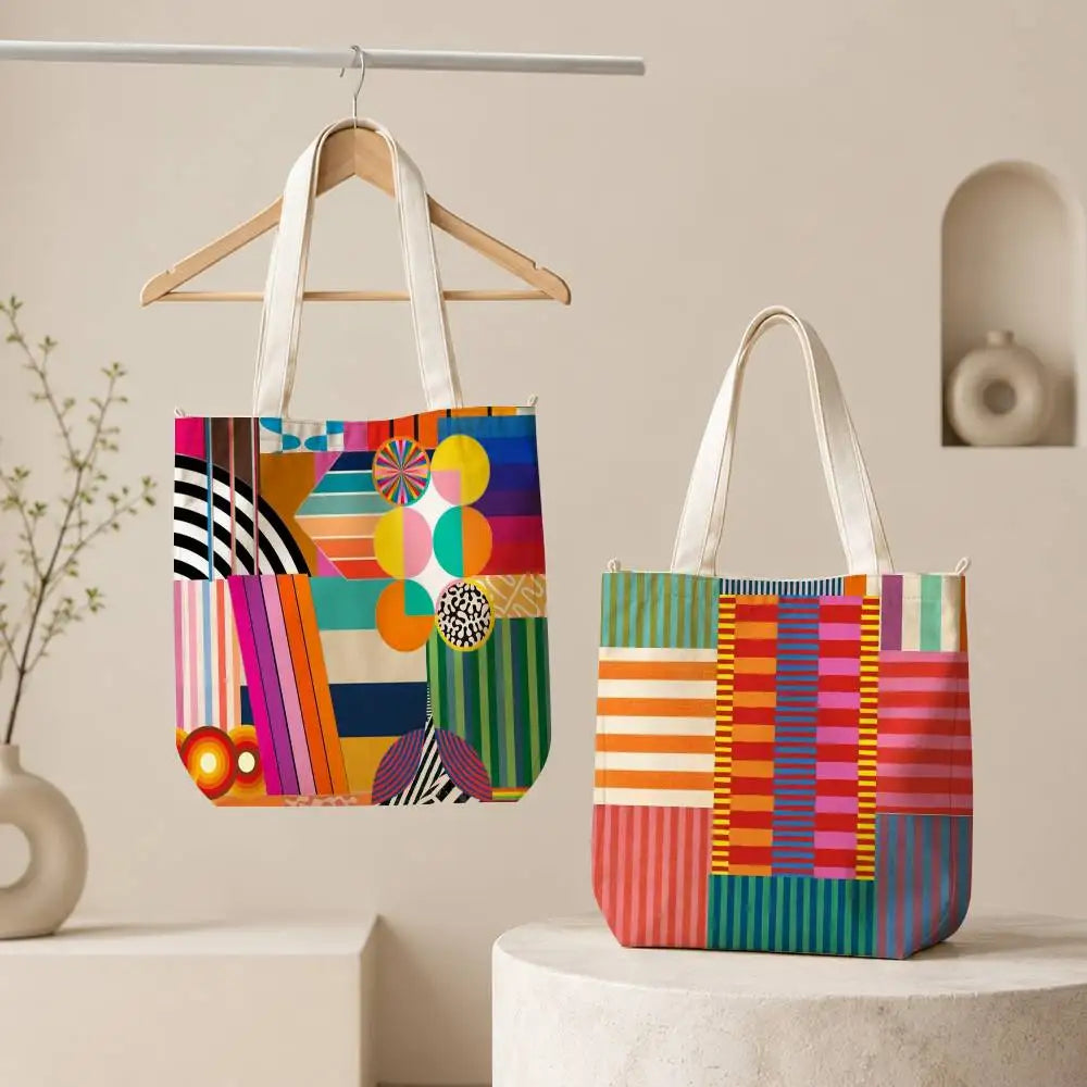 Striped Color-Blocking Art Pattern Tote Bag for Women Reusable Shopping Tote Bag Zippered  Bags Print