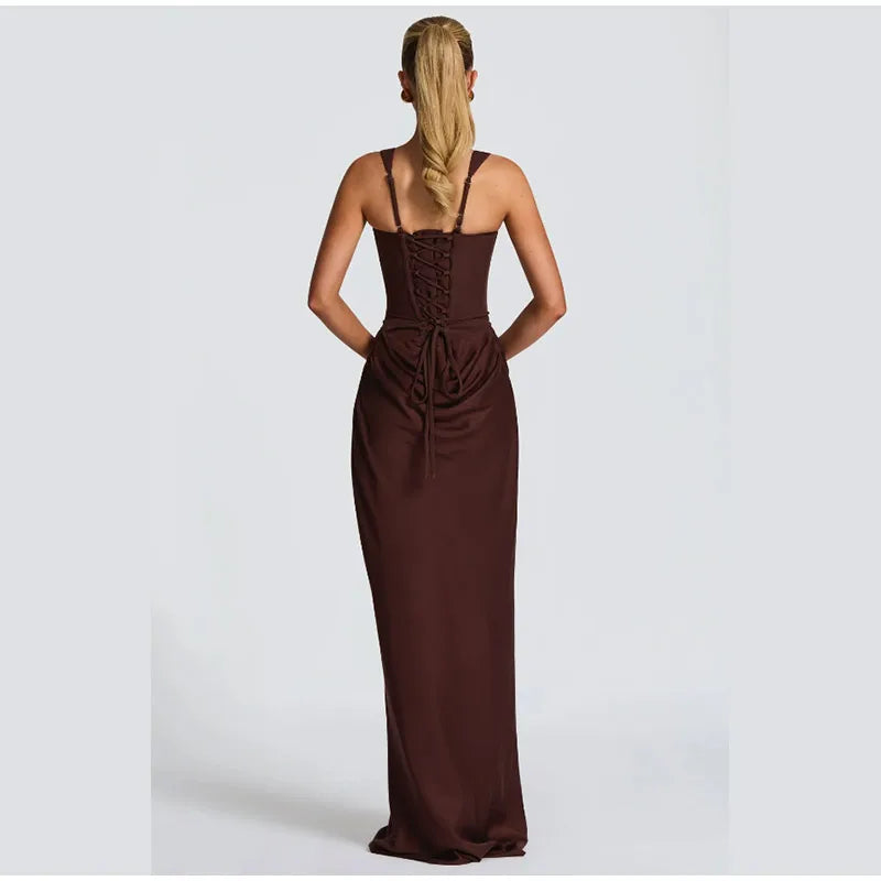 Elegant Solid Corset Sling Pleated Dress Women Brown Sexy Sleeveless Off Shoulder High Waist Maxi Dresses 2025 Lady Party Gown