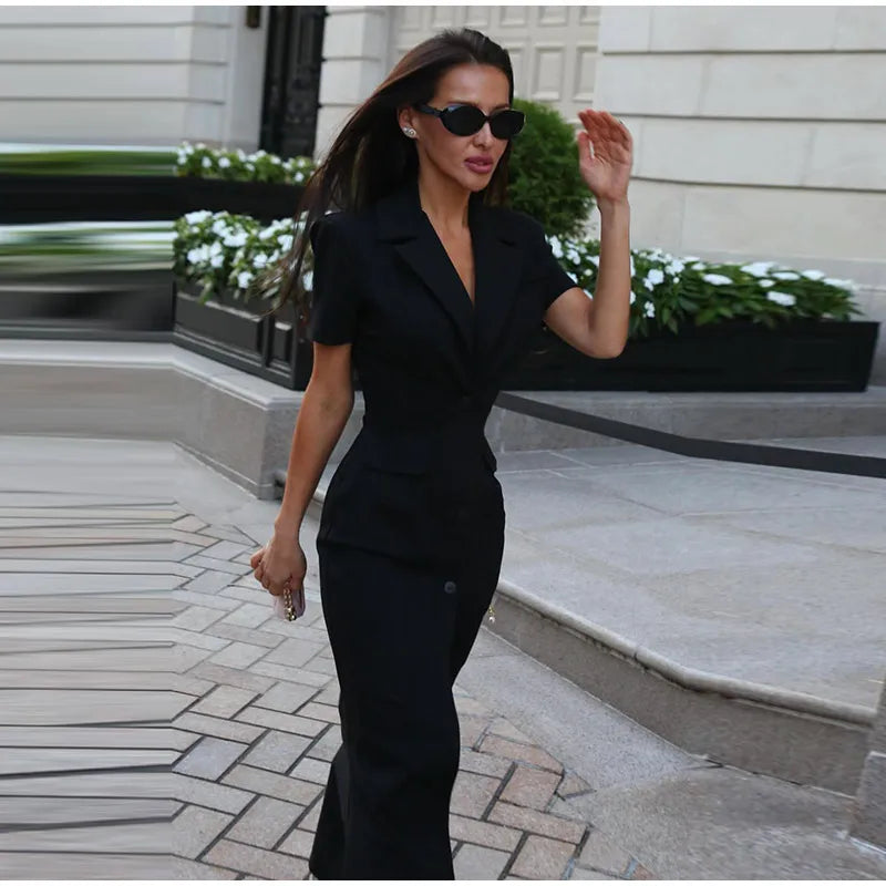 Elegant Single-breasted Blazers Dress 2026 Summer New Slim Waist-cinching Short Sleeve Lapel Long Robes Women's Solid Streetwear
