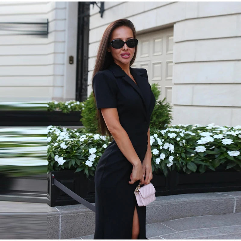 Elegant Single-breasted Blazers Dress 2026 Summer New Slim Waist-cinching Short Sleeve Lapel Long Robes Women's Solid Streetwear