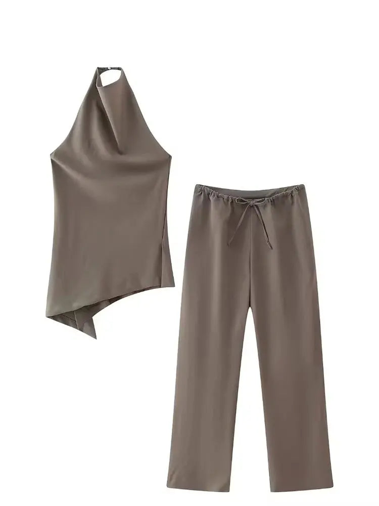 HH Women Vintage Solid Pant Sets Sexy Backless Halter Camis Top Asymmetric Tank Top + Drawstring Trousers Fashion Streetwear