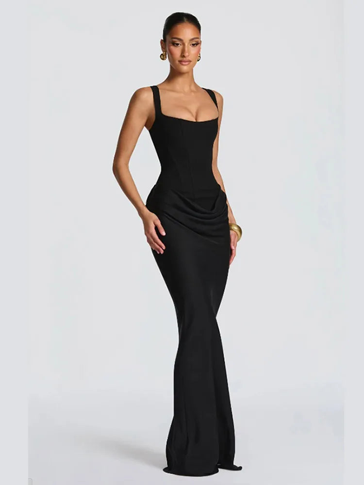 Elegant Solid Corset Sling Pleated Dress Women Brown Sexy Sleeveless Off Shoulder High Waist Maxi Dresses 2025 Lady Party Gown