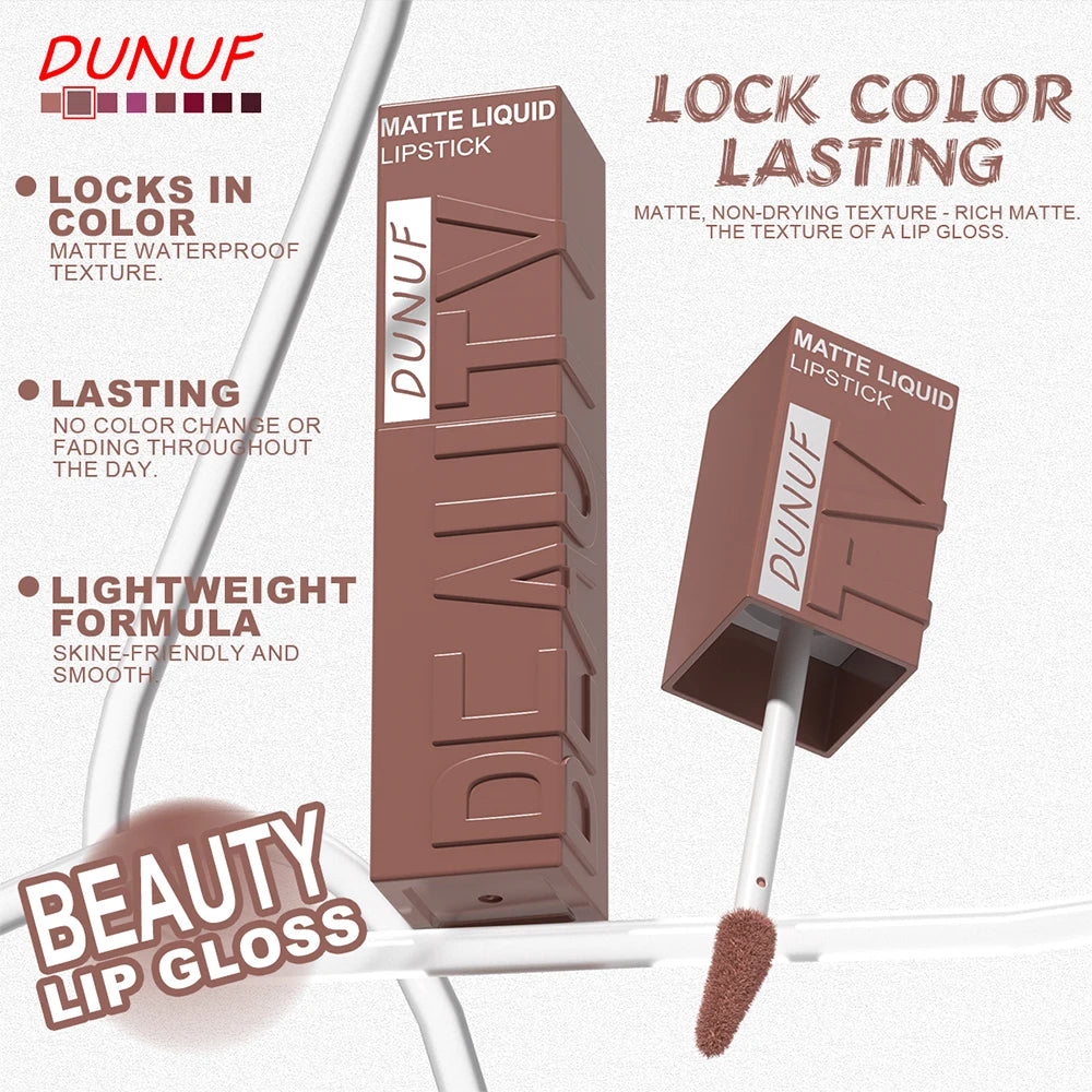 DUNUF Matte Velvet Lip Gloss – Waterproof Plumping Lipstick, 8 Shades