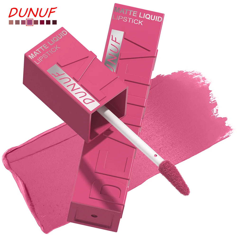 DUNUF Matte Velvet Lip Gloss – Waterproof Plumping Lipstick, 8 Shades