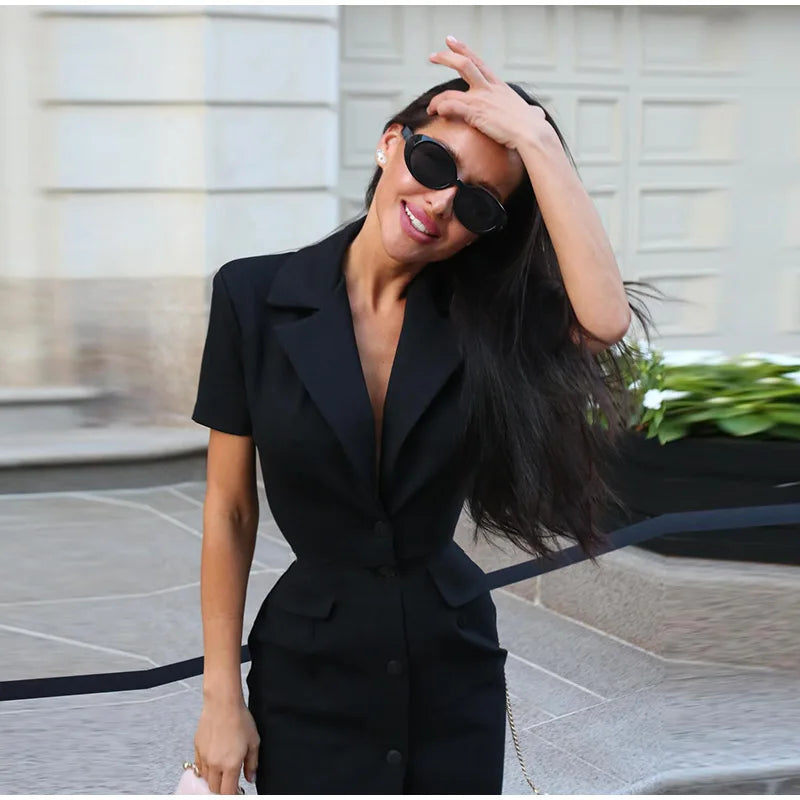 Elegant Single-breasted Blazers Dress 2026 Summer New Slim Waist-cinching Short Sleeve Lapel Long Robes Women's Solid Streetwear