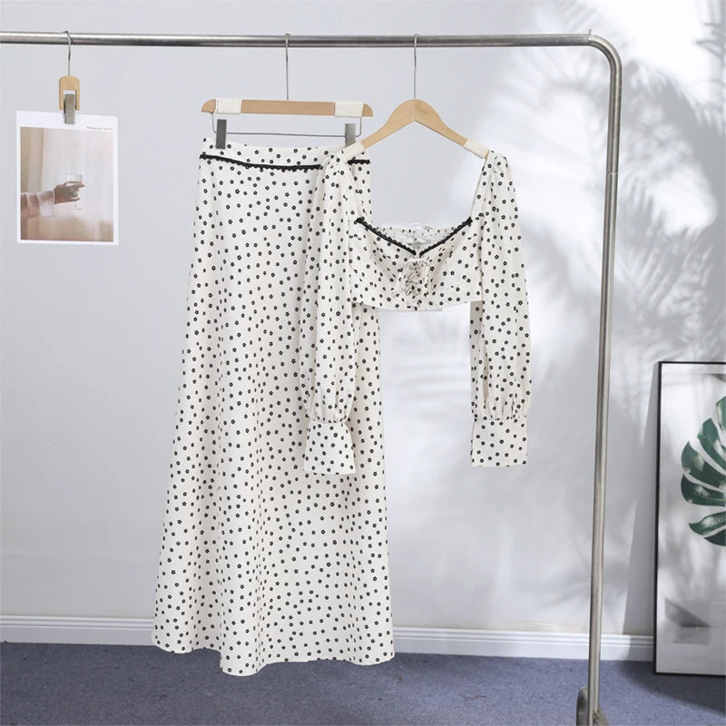 Women's Polka Dot 2-Piece Summer Outfit – Square Neck Lantern Sleeve Crop Top & High-Waist A-Line Maxi Skirt Set