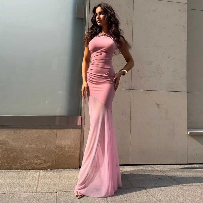 Sheer Off-Shoulder Backless Maxi Dress