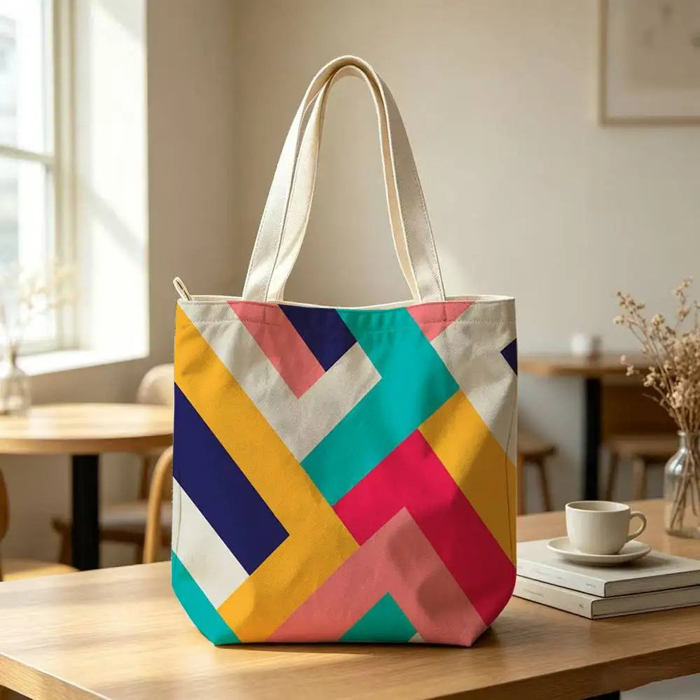 Striped Color-Blocking Art Pattern Tote Bag for Women Reusable Shopping Tote Bag Zippered  Bags Print