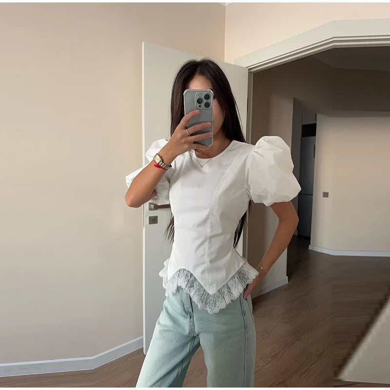 Casual Lace Insert Hem Blouse Women's Puff Sleeve Solid Round Neck Lace Up Zippers Tops 2026 Summer New Lady Fashion Shirt