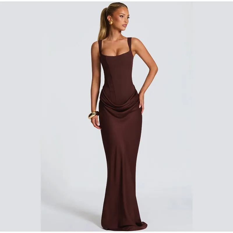 Elegant Solid Corset Sling Pleated Dress Women Brown Sexy Sleeveless Off Shoulder High Waist Maxi Dresses 2025 Lady Party Gown