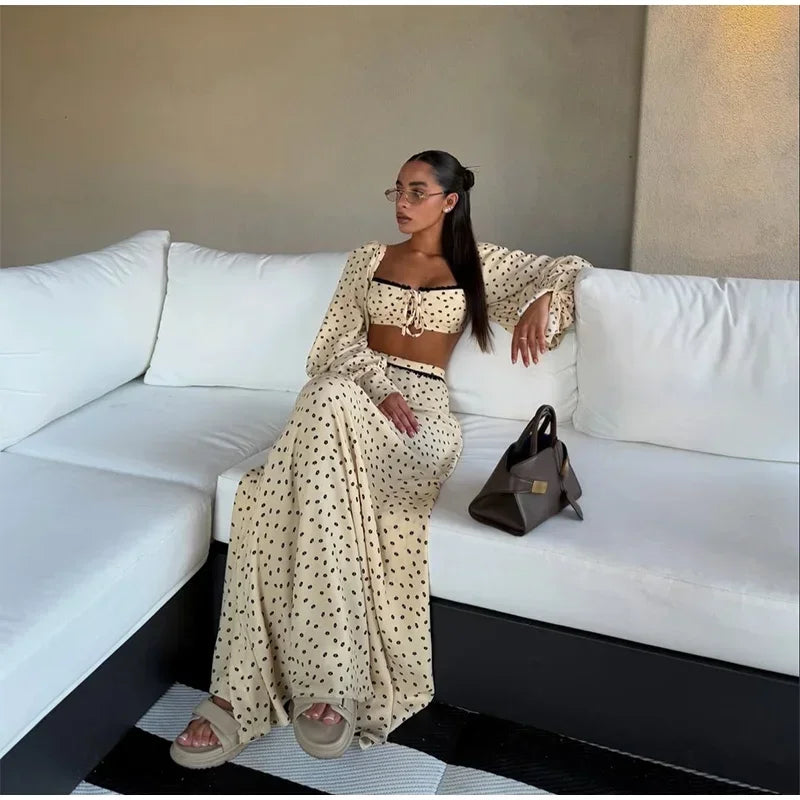 Women's Polka Dot 2-Piece Summer Outfit – Square Neck Lantern Sleeve Crop Top & High-Waist A-Line Maxi Skirt Set