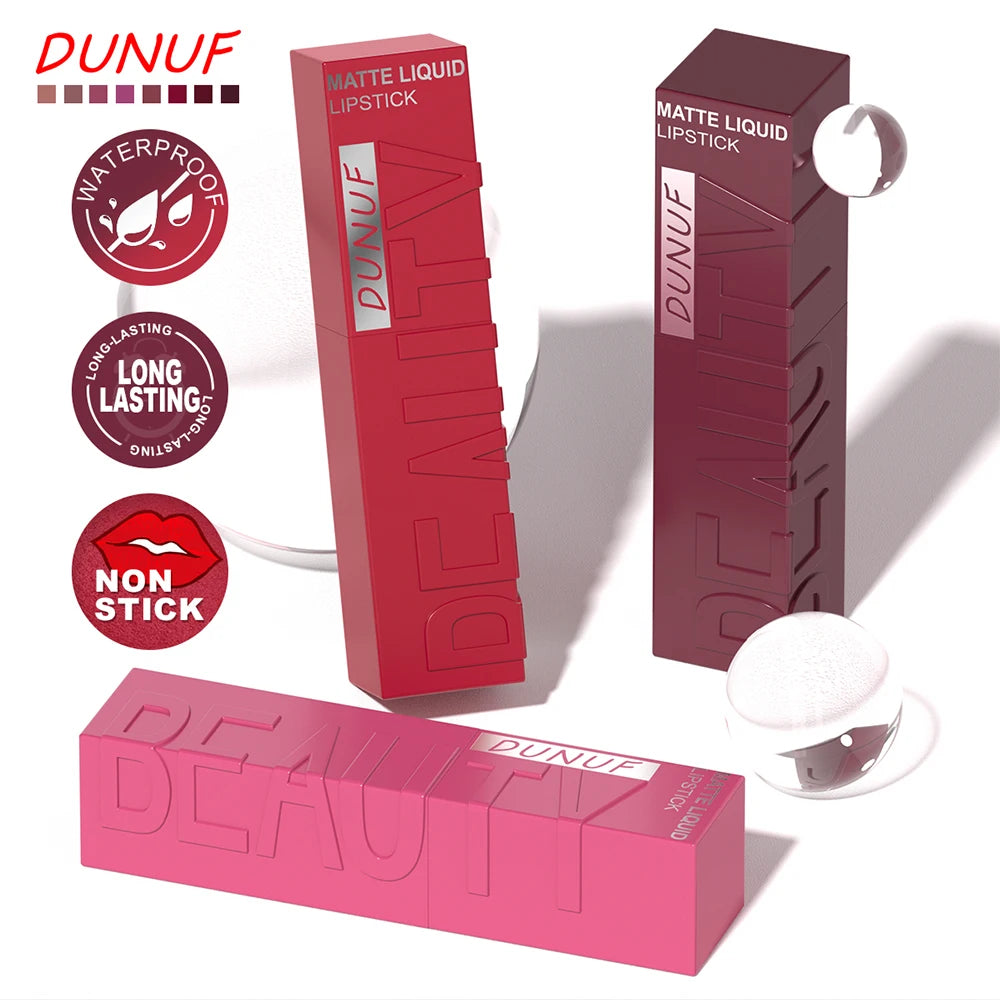 DUNUF Matte Velvet Lip Gloss – Waterproof Plumping Lipstick, 8 Shades