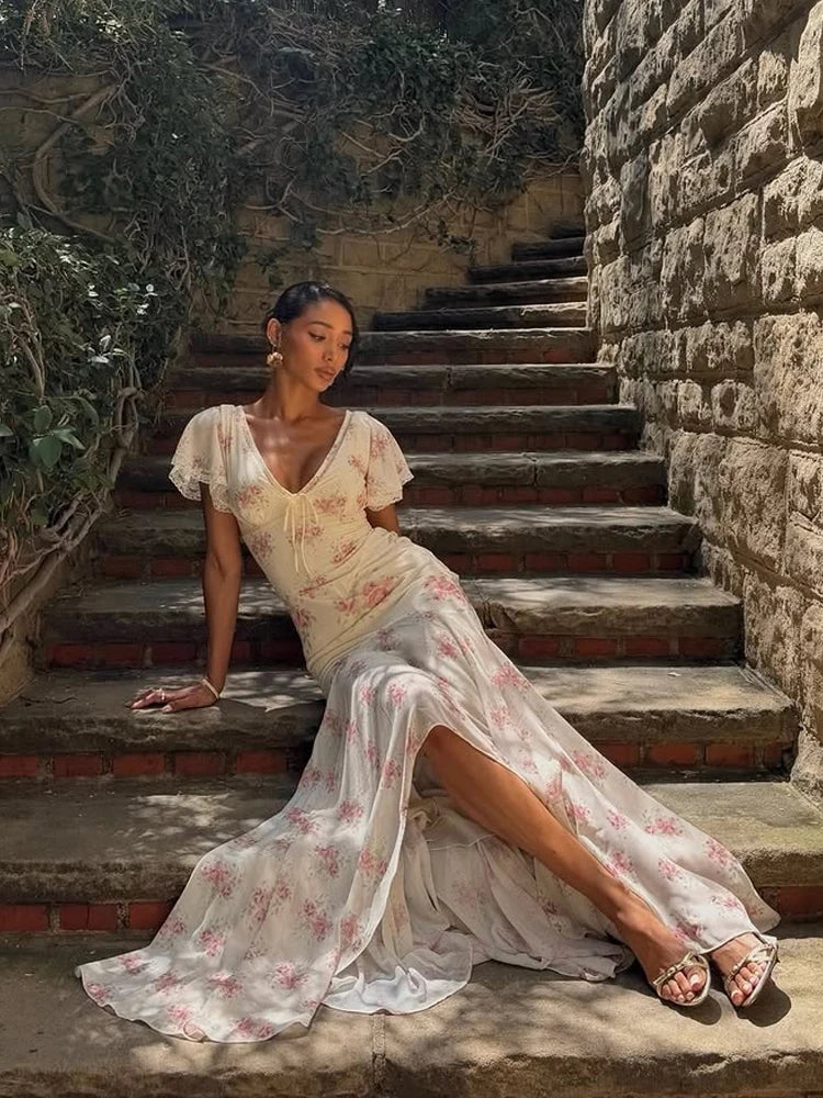 Floral V-Neck Fishtail Maxi Dress!