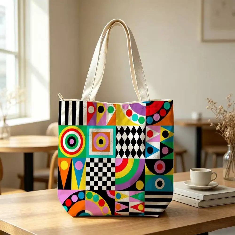 Striped Color-Blocking Art Pattern Tote Bag for Women Reusable Shopping Tote Bag Zippered  Bags Print