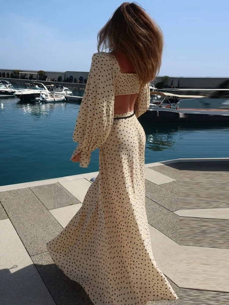 Women's Polka Dot 2-Piece Summer Outfit – Square Neck Lantern Sleeve Crop Top & High-Waist A-Line Maxi Skirt Set