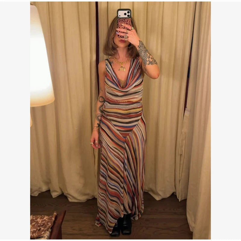 Women Rainbow Diagonal Stripe Maxi Dress One Shoulder Strap Slim Bodycon High Slit Knit Vestido Summer Beach Vacation Outfit