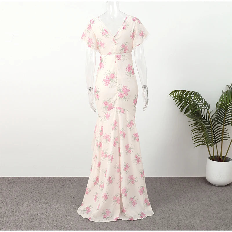 Floral V-Neck Fishtail Maxi Dress!