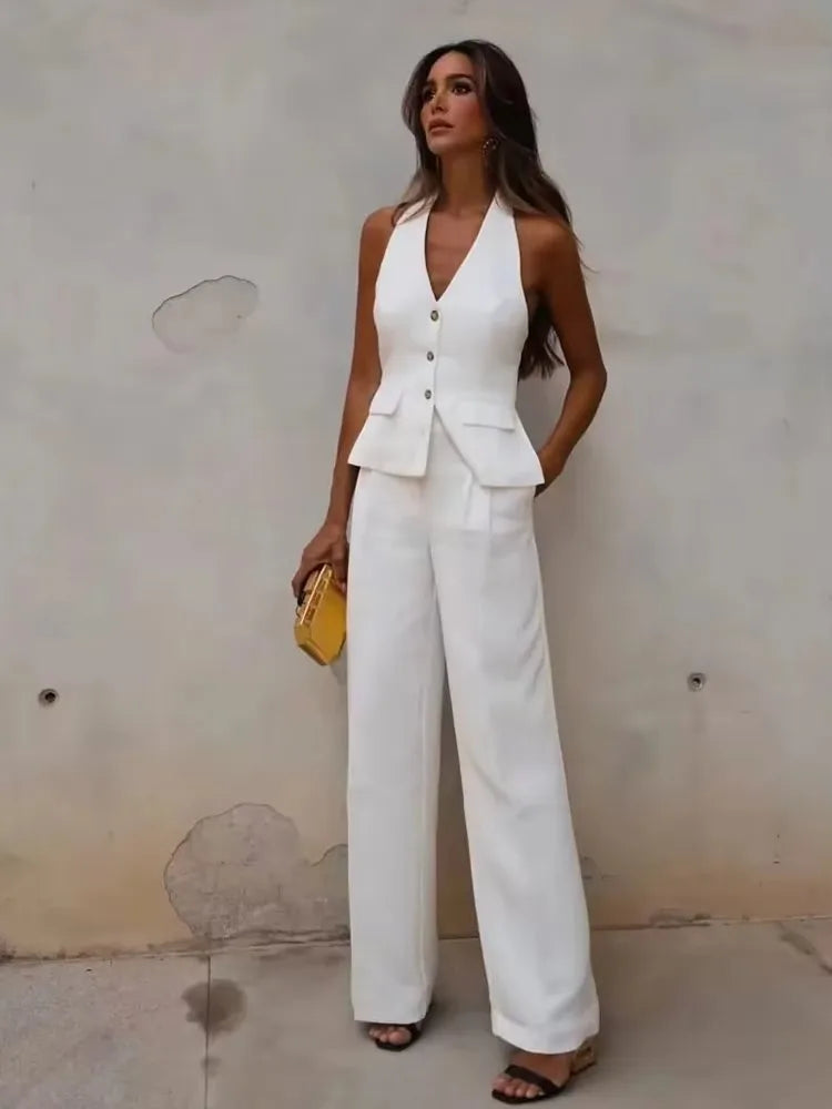 HH Women Fashion Solid Pant Suit Halter Single Breasted Sleeveless Blazer Vest Top Zipper Fly Trousers Office Lady Sets
