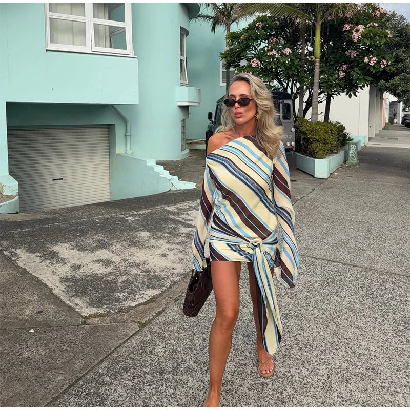 Women Rainbow Diagonal Stripe Maxi Dress One Shoulder Strap Slim Bodycon High Slit Knit Vestido Summer Beach Vacation Outfit