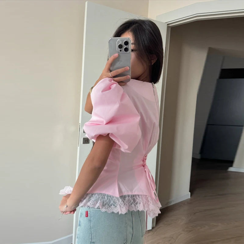 Casual Lace Insert Hem Blouse Women's Puff Sleeve Solid Round Neck Lace Up Zippers Tops 2026 Summer New Lady Fashion Shirt