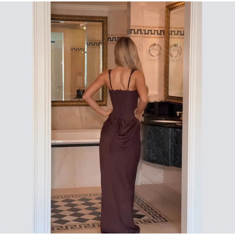 Elegant Solid Corset Sling Pleated Dress Women Brown Sexy Sleeveless Off Shoulder High Waist Maxi Dresses 2025 Lady Party Gown