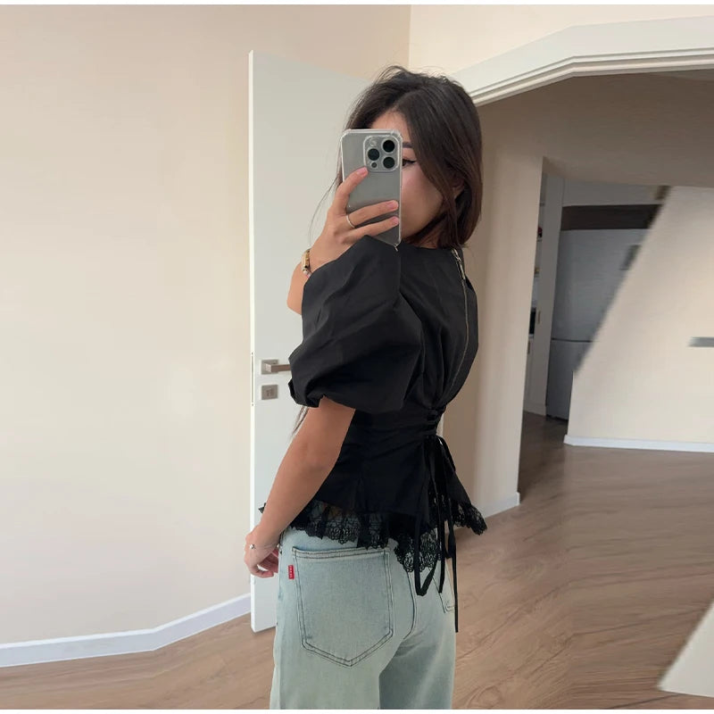 Casual Lace Insert Hem Blouse Women's Puff Sleeve Solid Round Neck Lace Up Zippers Tops 2026 Summer New Lady Fashion Shirt