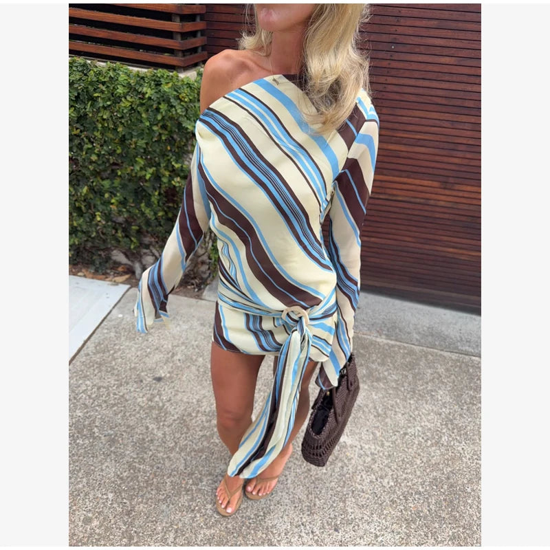 Women Rainbow Diagonal Stripe Maxi Dress One Shoulder Strap Slim Bodycon High Slit Knit Vestido Summer Beach Vacation Outfit
