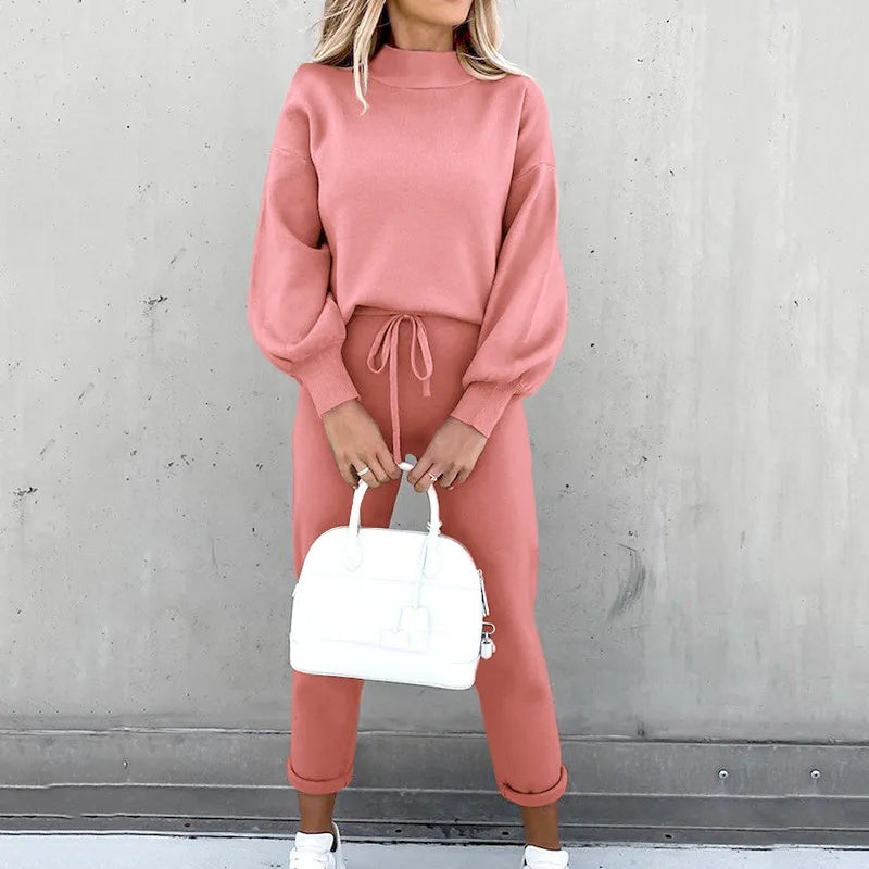 2025 Autumn and Winter Women's Sweater High Collar Casual Pure Color Trousers Two-piece Set