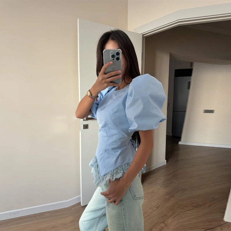 Casual Lace Insert Hem Blouse Women's Puff Sleeve Solid Round Neck Lace Up Zippers Tops 2026 Summer New Lady Fashion Shirt