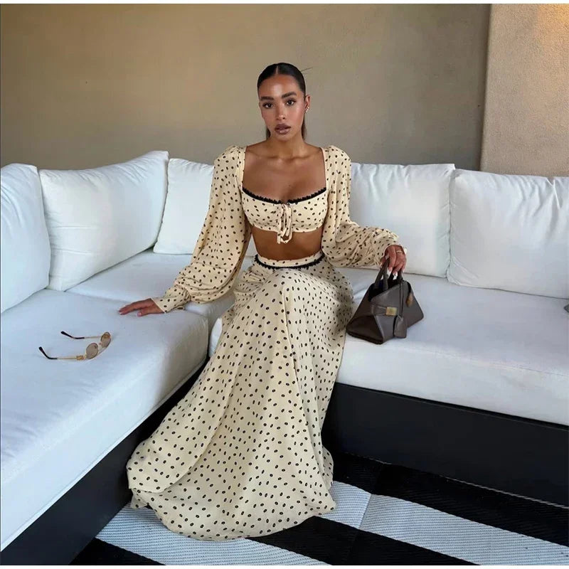Women's Polka Dot 2-Piece Summer Outfit – Square Neck Lantern Sleeve Crop Top & High-Waist A-Line Maxi Skirt Set