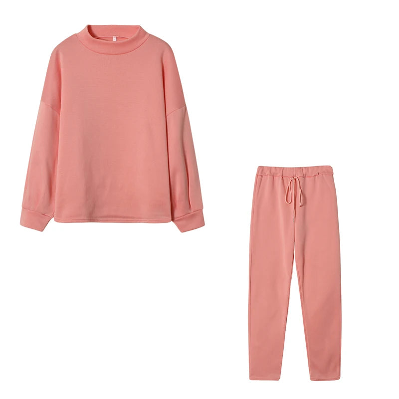 2025 Autumn and Winter Women's Sweater High Collar Casual Pure Color Trousers Two-piece Set