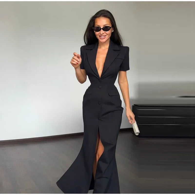 Elegant Single-breasted Blazers Dress 2026 Summer New Slim Waist-cinching Short Sleeve Lapel Long Robes Women's Solid Streetwear