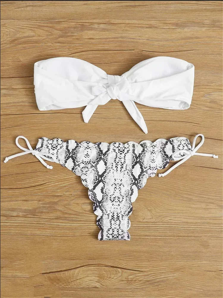 Women’s Leopard Print Push-Up Bikini Set – Sexy Lace-Up Bandeau & Ruffled Thong Swimsuit.