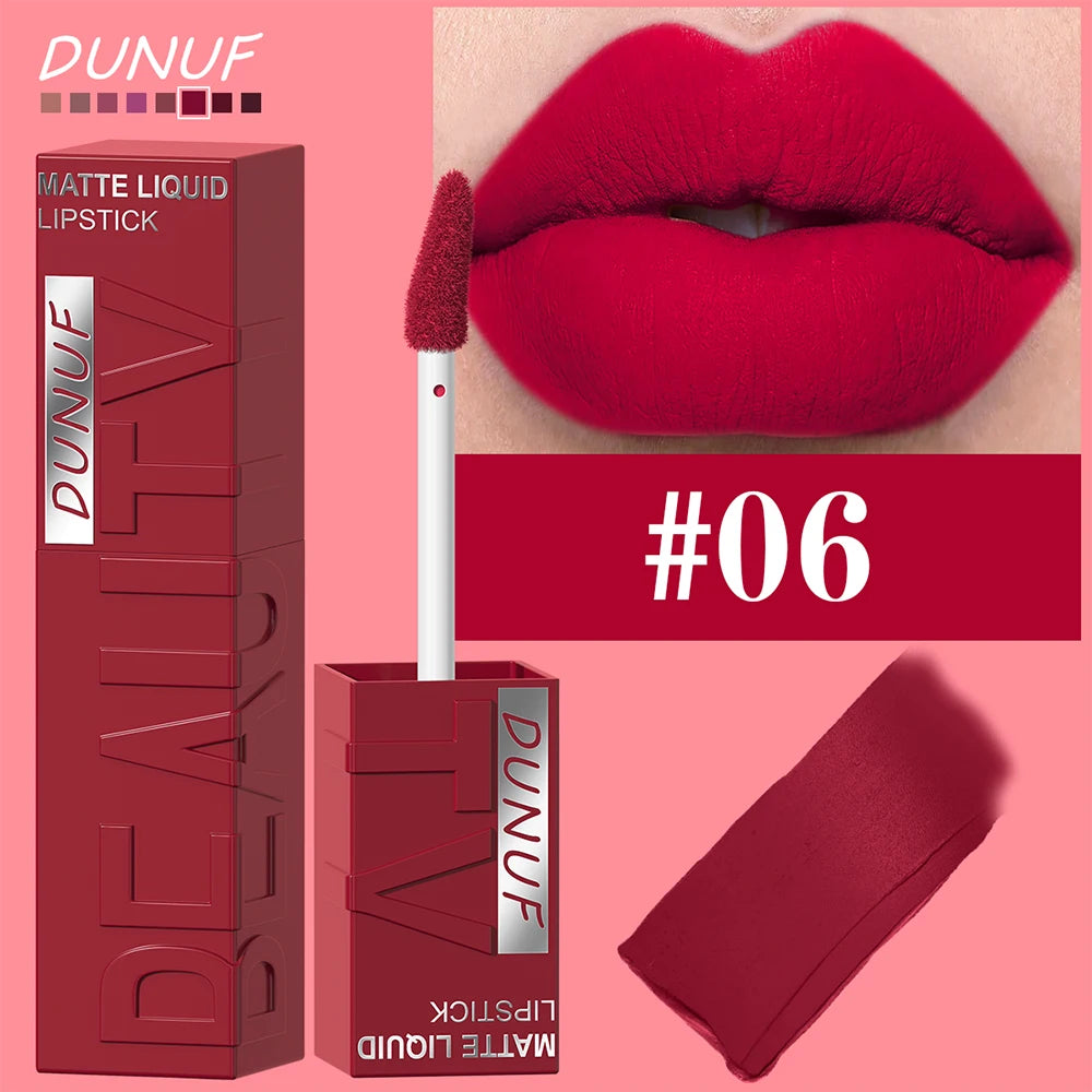 DUNUF Matte Velvet Lip Gloss – Waterproof Plumping Lipstick, 8 Shades