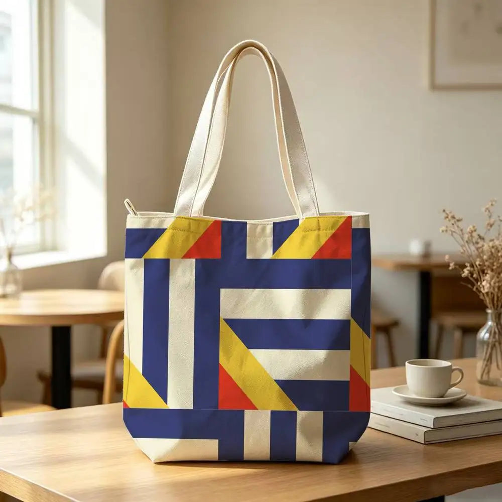 Striped Color-Blocking Art Pattern Tote Bag for Women Reusable Shopping Tote Bag Zippered  Bags Print