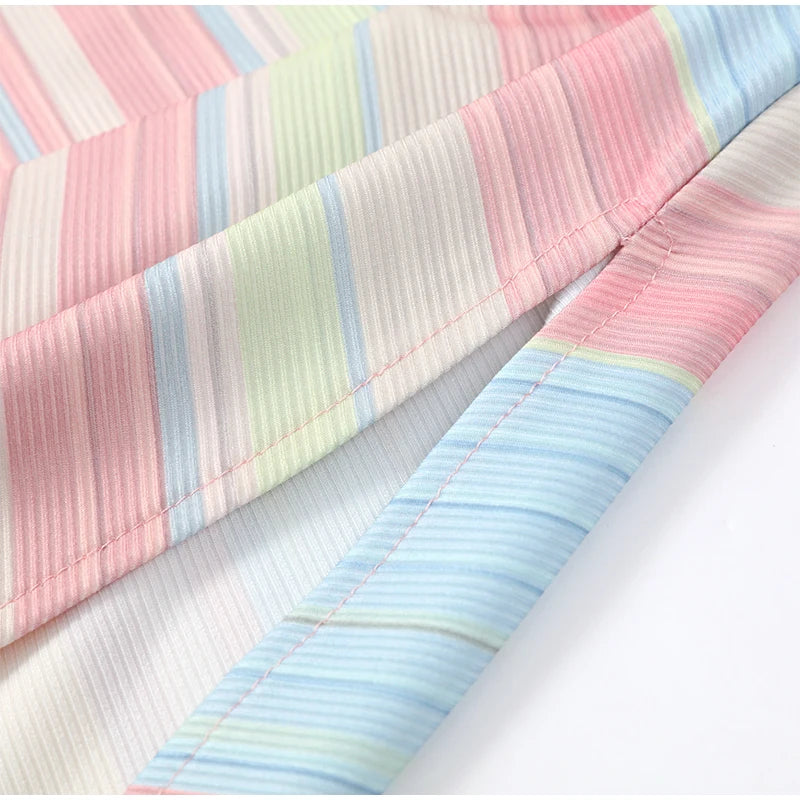 Women Rainbow Diagonal Stripe Maxi Dress One Shoulder Strap Slim Bodycon High Slit Knit Vestido Summer Beach Vacation Outfit