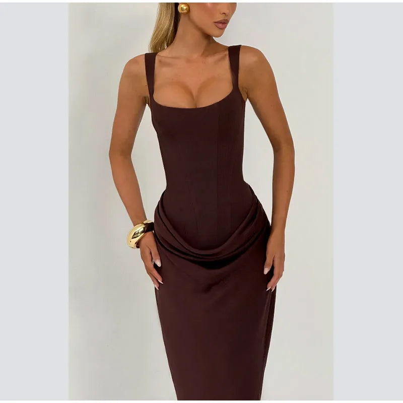 Elegant Solid Corset Sling Pleated Dress Women Brown Sexy Sleeveless Off Shoulder High Waist Maxi Dresses 2025 Lady Party Gown